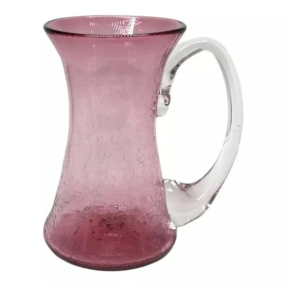 R. FOSTER Cranberry Pink Crackle Glass Pitcher Clear Handle VTG 1997 Signed 5.5" - Picture 1 of 7